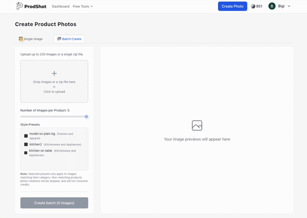 Batch Create feature demo showing multiple product photos being processed
