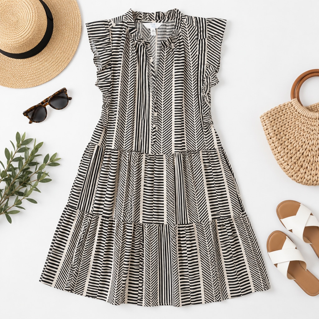 Striped dress photographed as a flat lay with hat, sunglasses, bag, and sandals